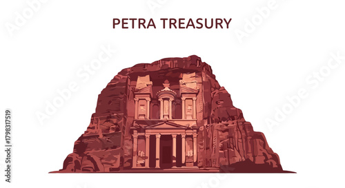 Illustration of the Petra Treasury, a famous historical site in Jordan, carved into sandstone cliffs.