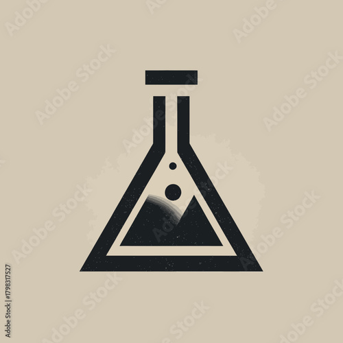 Minimalist Illustration of a Scientific Laboratory Flask Containing an Abstract Natural Landscape - Environmental Science Concept