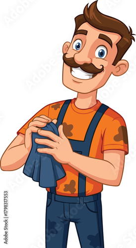 Handyman cartoon illustration, symbolic craftsmanship and cheerful vocational identity graphics for design and education