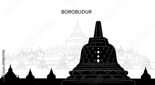 Minimalist black and white vector illustration of Borobudur temple, a famous Indonesian landmark.