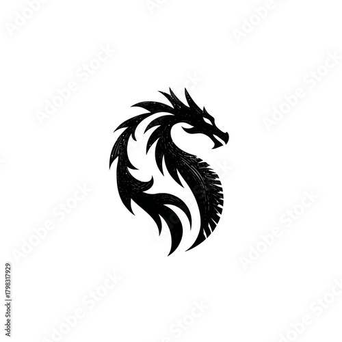 Stylized black dragon silhouette design, mythical creature illustration on a white background, fantasy art symbol, strong minimalist graphic icon.