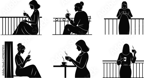 Hot beverage silhouette illustration, symbolic contemplation and emotional gesture graphics for design and education