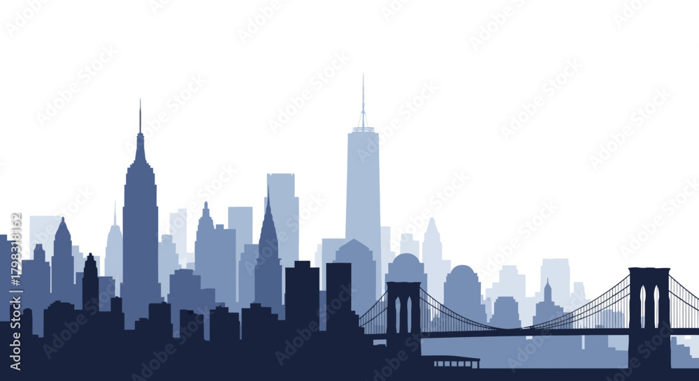 Fototapeta premium A silhouette of the New York City skyline, featuring iconic skyscrapers and the Brooklyn Bridge, rendered in shades of blue against a white background.