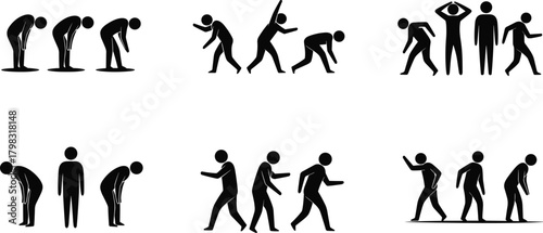 Human motion silhouette illustration, symbolic gesture sequence and expressive posture graphics for design and education