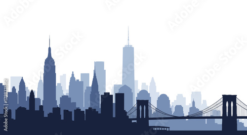 A silhouette of the New York City skyline, featuring iconic skyscrapers and the Brooklyn Bridge, rendered in shades of blue against a white background.