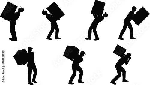 Lifting technique silhouette illustration, symbolic manual handling and ergonomic gesture graphics for design and education