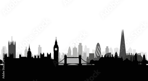 London skyline silhouette featuring iconic landmarks like Big Ben, Tower Bridge, and The Shard against a white background.