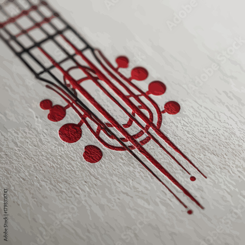 Stylized red and black classical string instrument headstock graphic. Abstract music design on textured background, elegant art concept.