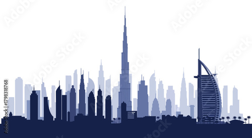 Blue silhouette of the Dubai city skyline featuring its famous modern architecture.