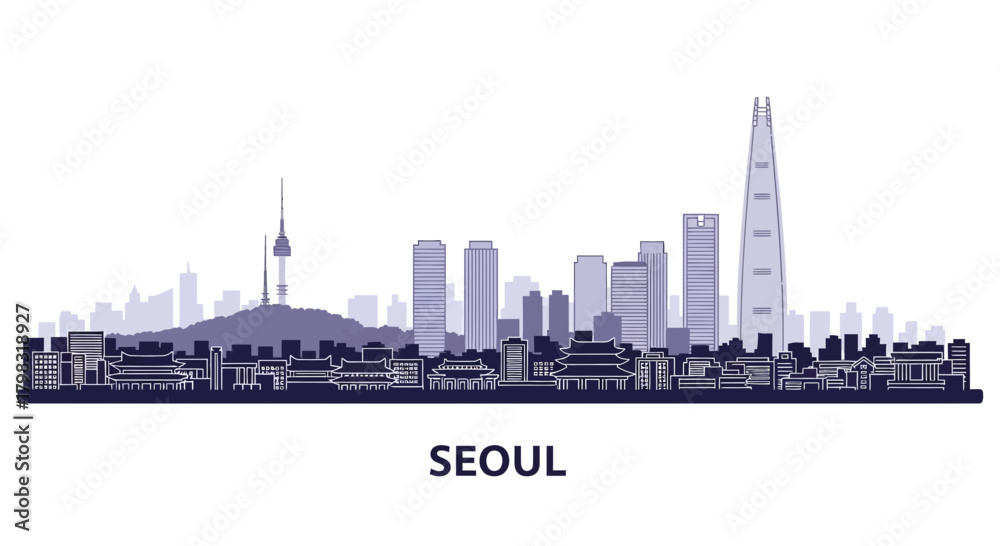 Naklejka premium Seoul city skyline silhouette vector illustration featuring iconic landmarks like N Seoul Tower and Lotte World Tower against a white background.