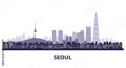 Seoul city skyline silhouette vector illustration featuring iconic landmarks like N Seoul Tower and Lotte World Tower against a white background.
