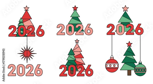 Festive 2026 New Year Vector Graphics with Christmas Trees