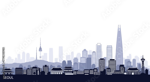 A panoramic silhouette of the Seoul skyline, showcasing a blend of traditional Korean architecture and modern skyscrapers against a hazy sky.