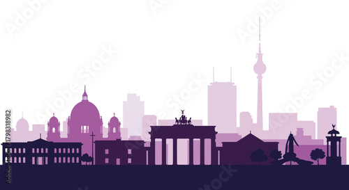 Berlin skyline silhouette in purple, featuring Brandenburg Gate and TV Tower.