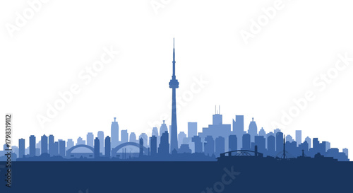 Blue silhouette of a modern city skyline with a prominent tower and various buildings against a white background, representing urban architecture.
