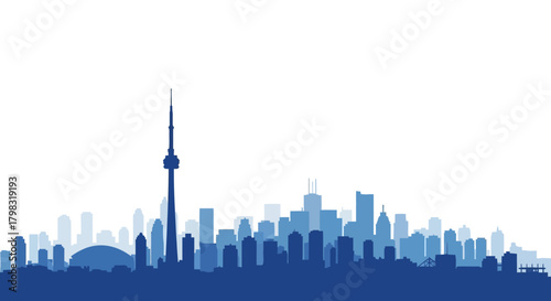 A blue silhouette of a modern city skyline with a prominent tall tower against a white background.