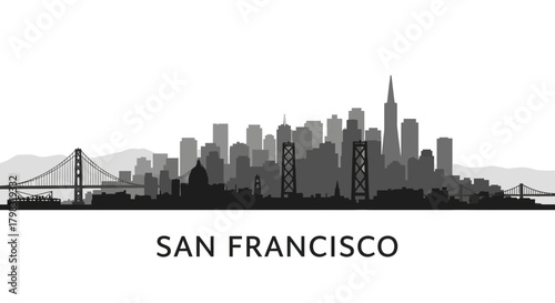 Black and white silhouette of the San Francisco city skyline with its famous landmarks.