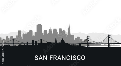 A black and white silhouette of the San Francisco skyline with the Golden Gate Bridge visible on the right.