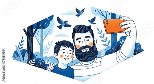 Father and Son Taking a Selfie in Nature with Birds Flying Around in Whimsical Illustration