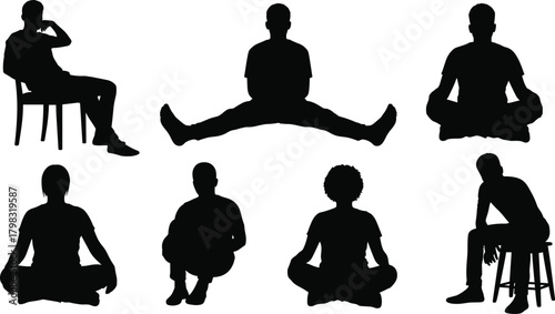 Seated posture silhouette illustration, symbolic rest gesture and expressive lifestyle graphics for design and education