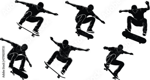 Skateboarding silhouette illustration, symbolic ollie motion and urban athletic gesture graphics for design and education