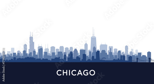 Stylized blue silhouette of the iconic Chicago city skyline with prominent buildings and the city name displayed below.