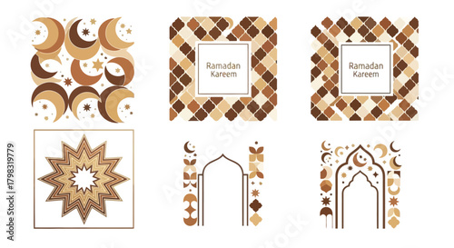 Set of Elegant Brown Islamic Ramadan Kareem Backgrounds and Elements for Design
