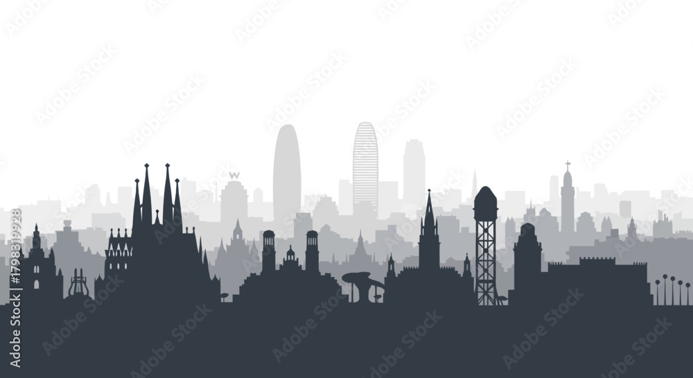 Naklejka premium Silhouette of the Barcelona skyline with iconic landmarks in a foggy atmosphere.