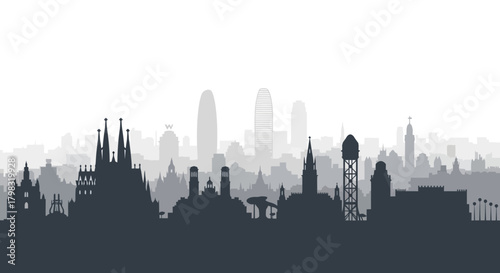Silhouette of the Barcelona skyline with iconic landmarks in a foggy atmosphere.