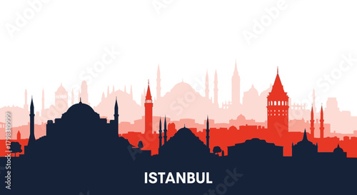 Vector illustration of the Istanbul city skyline with famous Turkish landmarks.