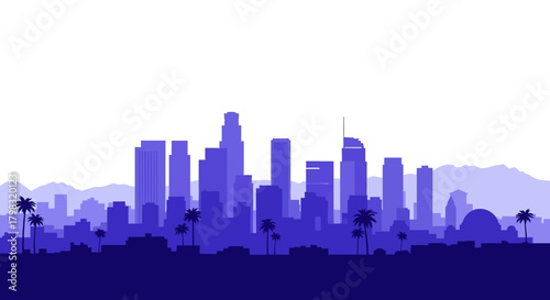 Los Angeles skyline silhouette with palm trees and mountains in the background, rendered in shades of blue.