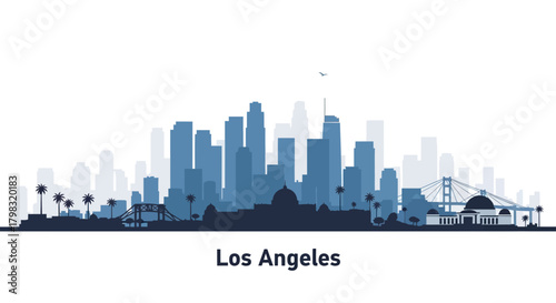 Blue silhouette of the Los Angeles city skyline with skyscrapers and landmarks on a white background.