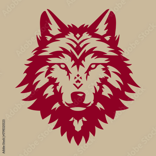 Bold stylized wolf head illustration in red with intricate details, tribal elements, and a powerful, majestic gaze on a beige background.