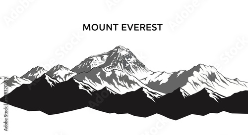 Illustration of Mount Everest with snow-capped peaks and dark foreground mountains, under the text "MOUNT EVEREST".