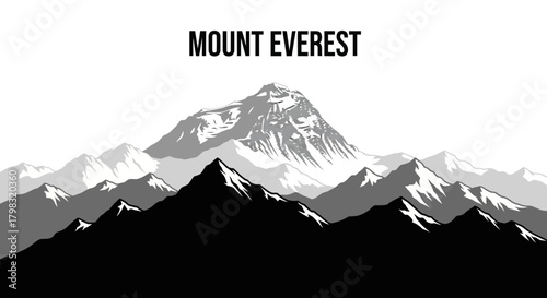 A grayscale illustration of Mount Everest, showcasing the majestic peak and surrounding mountain ranges.
