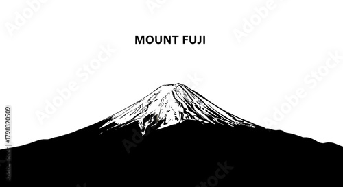 Black and white illustration of Mount Fuji, a famous Japanese volcano, with snow on its peak.