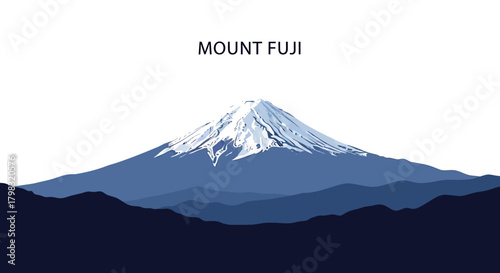 Stylized illustration of Mount Fuji, Japan's iconic snow-capped volcano, with layered blue mountains in a minimalist design.