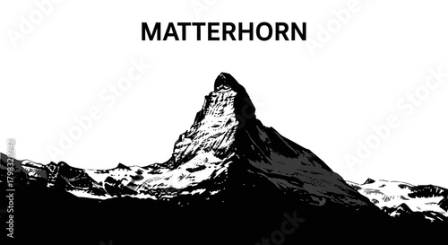 Black and white illustration of the Matterhorn mountain, showcasing its iconic pyramidal peak and surrounding snowy terrain.