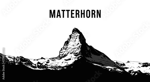 Monochrome illustration of the Matterhorn mountain peak in the Swiss Alps, with the word "MATTERHORN" above the peak.
