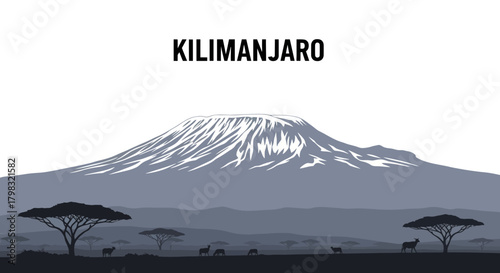 Stylized illustration of Mount Kilimanjaro with snow-capped peak, acacia trees, and African wildlife silhouettes in the foreground, set against a grey and white landscape.