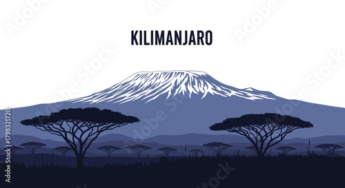 A scenic illustration of Mount Kilimanjaro with snow-capped peak, silhouetted trees, and a serene landscape.