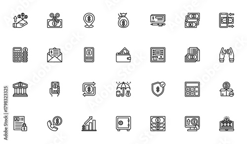 Finance and Accounting icon set. Vector illustration Includes symbols for proft, tax, money, budget, ban, wallet, calculator, insuance and more. Editable stoke.