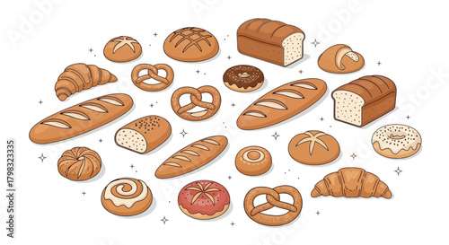 Artistic Bread and Baked Goods Collection Illustration