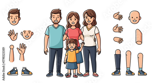 Family Illustration of Parents and Children in Vector Style, Parts of the Body for Animation