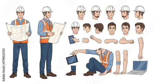 Construction Worker Customizable Character Set for Animation and Design