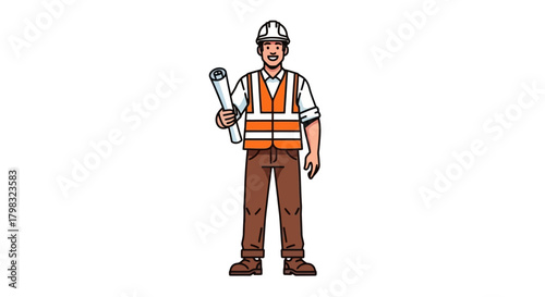 Construction Worker Cartoon Illustration Holding Blueprints for Building Industry Projects