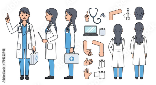 Female Doctor Medical Staff Character Design Illustration with Various Poses and Medical Equipment