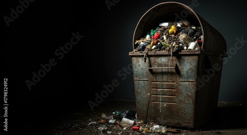 A disgusting view of festering refuse overflowing from a worn metal container, highlighting unhygienic conditions and foul odor, sanitary, fetid, reek