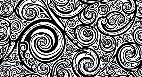 Monochrome swirling abstract pattern with stylized tribal influences