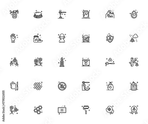 Apiary icon set. Beekeeping vector icons pack. Inclues symbols for bee hive, hney, beekeeper, beeswax, hneycomb, jar, flowers and ore. Editable stroke.